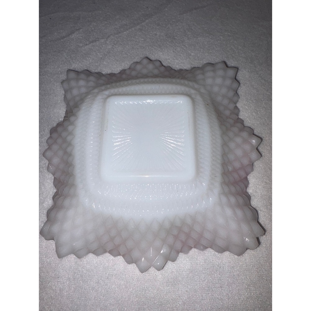Fenton Pink Crest Hobnail Milk Glass Square Ruffled Bowl Vintage Sawtooth Edge - Picture 2 of 8